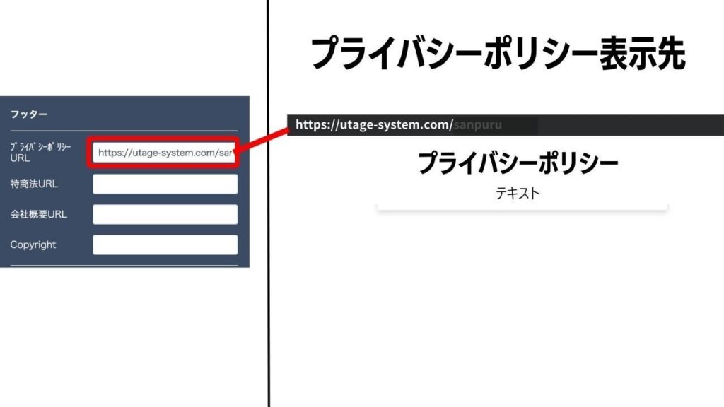 UTAGEフッター設定でプライバシーポリシーページのURLを入力している画面