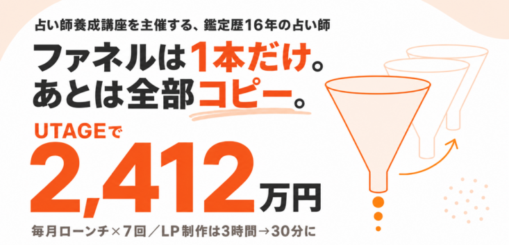 占い師養成講座を主催する占い師がUTAGEでファネルを1本作りコピーして2412万円